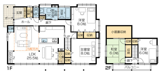 施工例19 平屋 純和風 高天井 見せ梁 最上階 公団 1階寝室の家など間取りをご紹介 福岡の分譲住宅 注文住宅なら山根木材の家